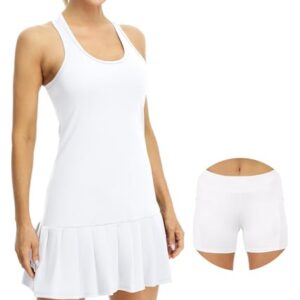 icyzone Vestido de Tenis para Mujer con Pantalones Cortos Racerback para Deporte, Golf (L, Blanco)