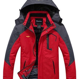 Wantdo Chaqueta de Esquí de Montaña para Hombre Abrigo de Invierno Impermeable con Capucha Cazadora de Snowboard Cálida Chaqueta al Aire Libre Antiviento Hombres Gris Oscuro y Rojo-N M
