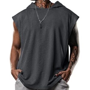 Lomon Camiseta sin mangas para hombre con capucha para muscular, entrenamiento, fitness, con capucha, Color gris oscuro., L