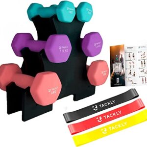 TACKLY Kit de Mancuernas de Neopreno 1kg / 1,5kg / 2kg + Cintas elásticas musculación Fitness y Soporte - Juego de 3 Pesas y Mancuernas Gimnasio en casa - Set Deporte Entrenamiento Mujer/Hombre…