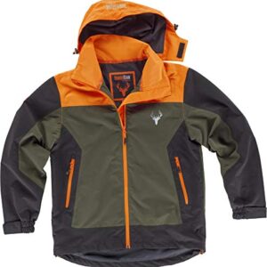 Work Team Chaqueta Caza y Pesca Impermeable combinada Tricolor. Cuello Alto y Capucha Desmontable con cordón elástico y Pieza Ajustable. Cubrecosturas Hombre Verde Caza+Naranja A.V.+Negro L