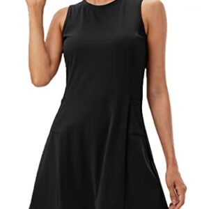 Rigolla Vestido de tenis de golf para mujer, vestido de entrenamiento sin mangas, con pantalones cortos integrados, 4 bolsillos para ejercicio y entrenamiento, Negro -, Small