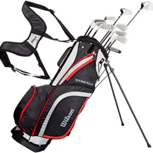 Amazon Exclusive Wilson, Set completo para principiantes, 10 palos de golf de medida extendida (1 pulgada) con bolsa de transporte, Hombre (mano derecha) Stretch XL, Negro/Gris/Rojo, WGG157552