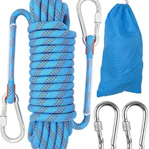 10mm Cuerda de Escalada al Aire Libre, 10M Cuerda Escalada Cuerda Servicio Pesado con 2 Mosquetón para Usos al Aire Libre Supervivencia Emergencia, Camping Rescate Incendios, Azul